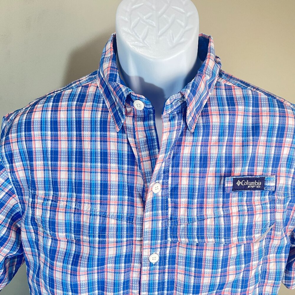 🐟 Columbia PFG Men’s Plaid Fishing Shirt Blue Pink White SS Mint Size S 🌊